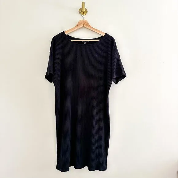 Eileen Fisher Ribbed Bateau Neck Short Sleeve Dress Black M