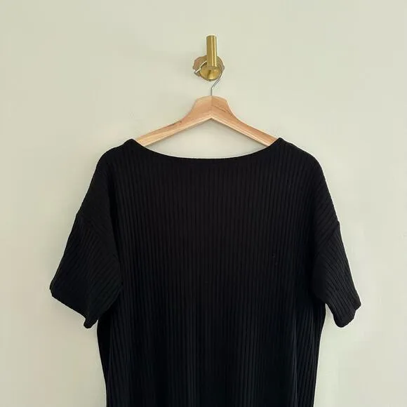 Eileen Fisher Ribbed Bateau Neck Short Sleeve Dress Black M