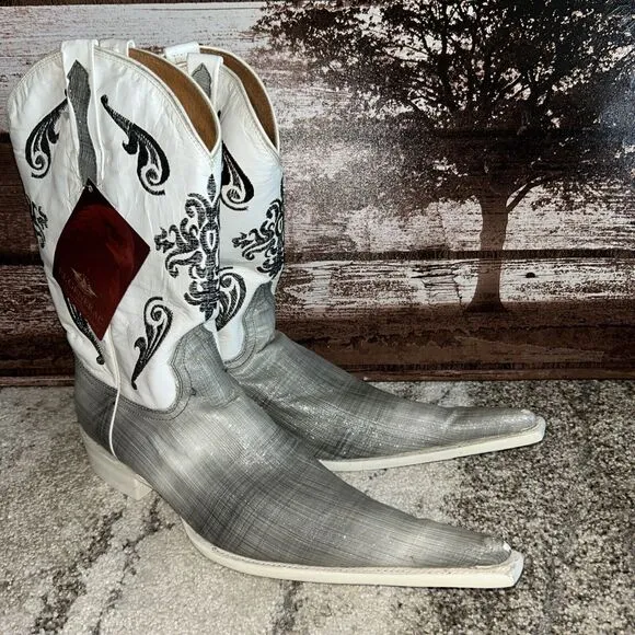 El General 1901 Cowboy Boots leather embossed print Gray Glitter White Size 9.5