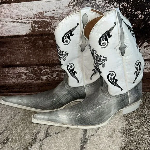 El General 1901 Cowboy Boots leather embossed print Gray Glitter White Size 9.5
