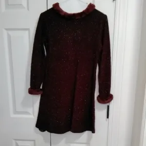 Elegant Garnet Kids Dress and purse with Faux Fur Trim and matching doll outfit.