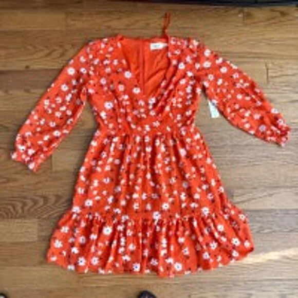 ELIZA J Floral Suplice Tiered Long Sleeves V-Neck Coral Dress Women’s Size 8 NWT
