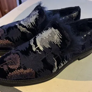 Emporio Armani Embroidered Blue Velvet Slip-On Shoes
