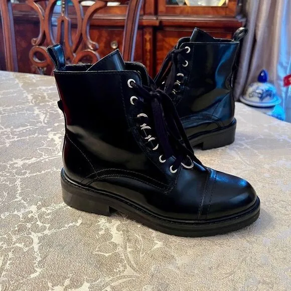EUC All Saints Lira Black Leather Combat Moto Motorcycle Hiking Boots 37 6.5 - 7