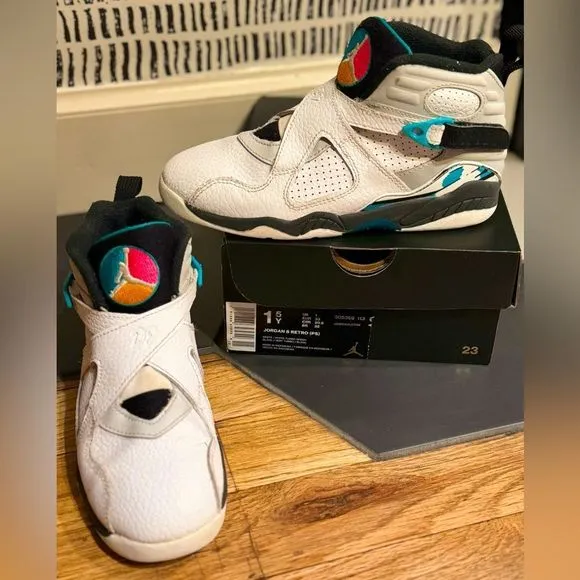 EUC Youth Air Jordan 8 Retro PS 'South Beach Turbo Green 1.5Y 80s Look RAD