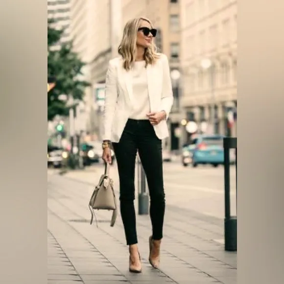 Executive Blazer Contrast Winter White Black Career Business Power Suit Size 6