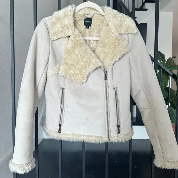 Express-Shearling Moto Jacket-Tan Faux Suede/Fur-XS-Cozy Winter Outerwear