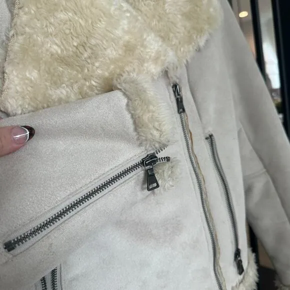 Express-Shearling Moto Jacket-Tan Faux Suede/Fur-XS-Cozy Winter Outerwear