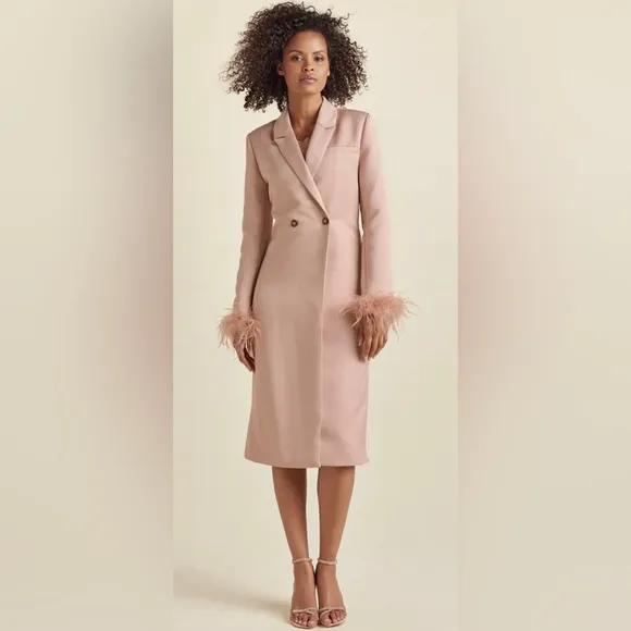 Feather Cuff Tuxedo CoatElegant Pink Peach Feather-Trimmed Coat