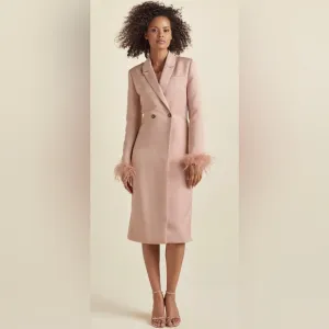 Feather Cuff Tuxedo CoatElegant Pink Peach Feather-Trimmed Coat