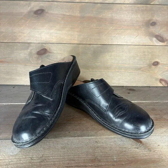 finn comfort santa Fe womens size 40 shoes black leather slip on comfort clogs