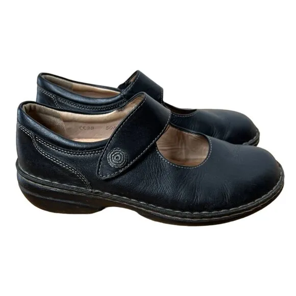 Finn Comfort Womans 7.5 Laval Mary Janes LEATHER Strap Clogs Walking Shoes Black