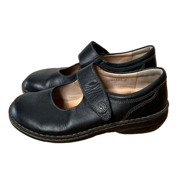 Finn Comfort Womans 7.5 Laval Mary Janes LEATHER Strap Clogs Walking Shoes Black