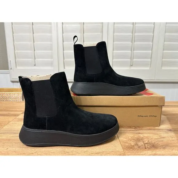 Fitflop F-Mode Suede Flatform Chelsea Boots Black Size 10 NIB Lightweight Comfy