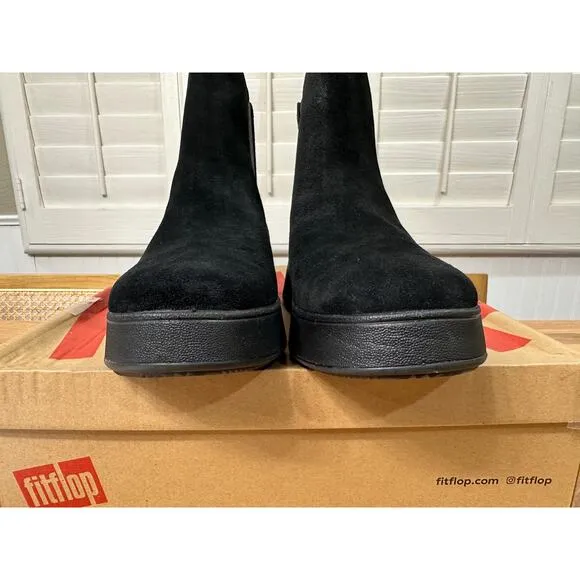 Fitflop F-Mode Suede Flatform Chelsea Boots Black Size 10 NIB Lightweight Comfy