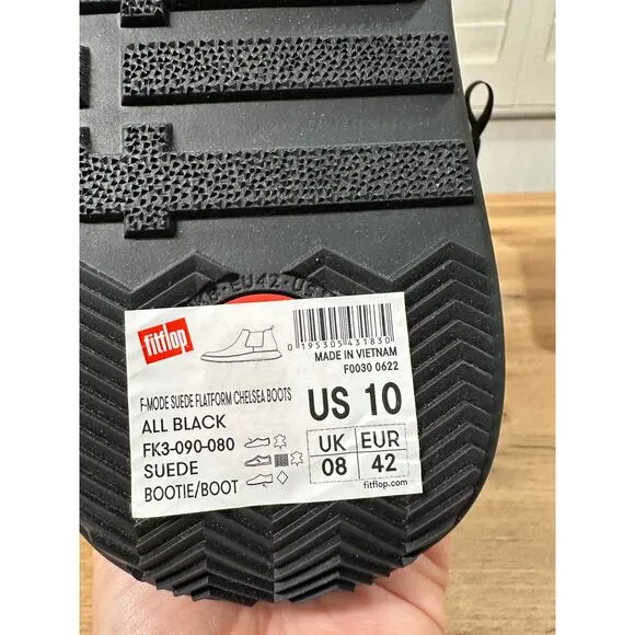 Fitflop F-Mode Suede Flatform Chelsea Boots Black Size 10 NIB Lightweight Comfy
