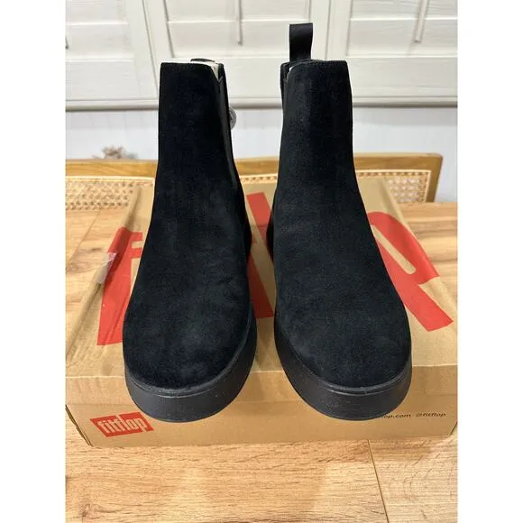 Fitflop F-Mode Suede Flatform Chelsea Boots Black Size 10 NIB Lightweight Comfy
