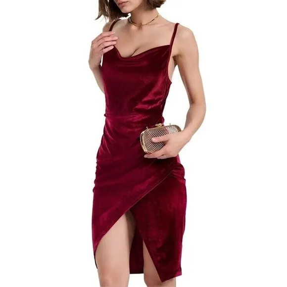 Flamingals Velvet Dress V Neck Spaghetti Strap Bodycon Wedding Birthday Ruched M