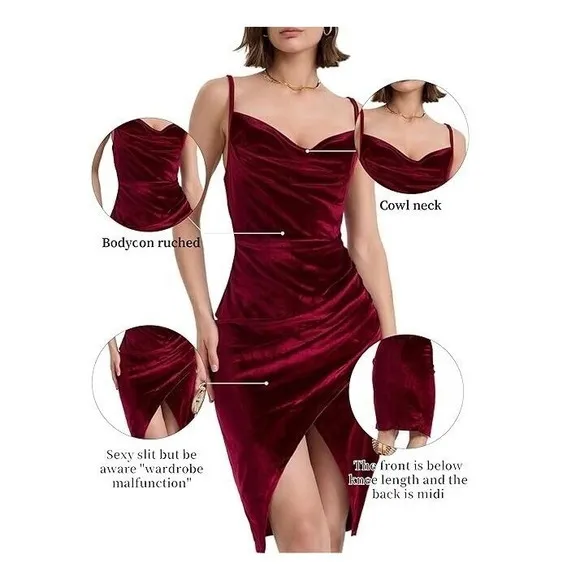 Flamingals Velvet Dress V Neck Spaghetti Strap Bodycon Wedding Birthday Ruched M