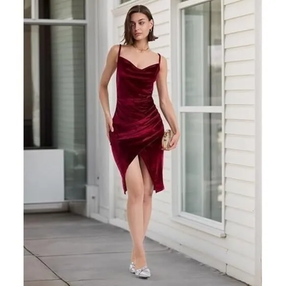 Flamingals Velvet Dress V Neck Spaghetti Strap Bodycon Wedding Birthday Ruched M
