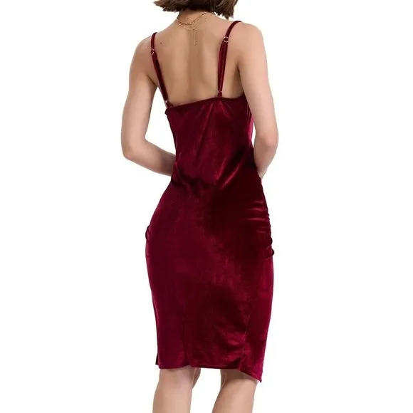 Flamingals Velvet Dress V Neck Spaghetti Strap Bodycon Wedding Birthday Ruched M
