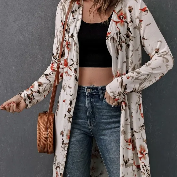 Floral Open Front Longline Cardigan