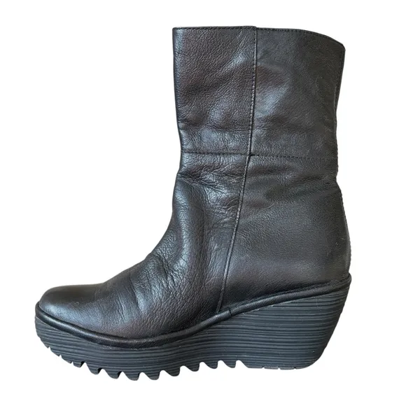Fly London Black Silver Leather Wedge Bootie Yex668 Fold Down 37 UK/6.5 US