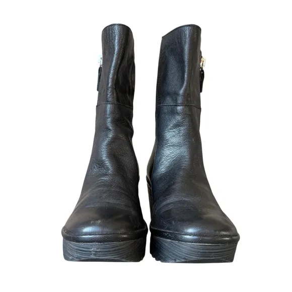 Fly London Black Silver Leather Wedge Bootie Yex668 Fold Down 37 UK/6.5 US