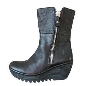 Fly London Black Silver Leather Wedge Bootie Yex668 Fold Down 37 UK/6.5 US