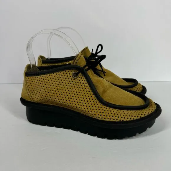 Fly London Golden Yellow Lace Up Perforated Shoes Wedge Platform Moccasin EU 37