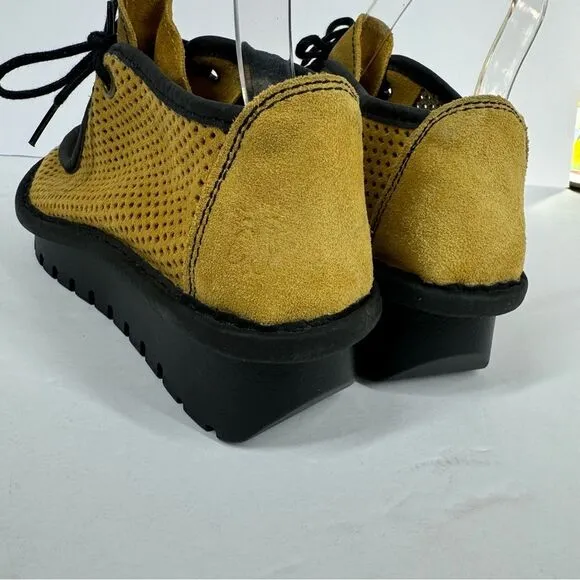 Fly London Golden Yellow Lace Up Perforated Shoes Wedge Platform Moccasin EU 37