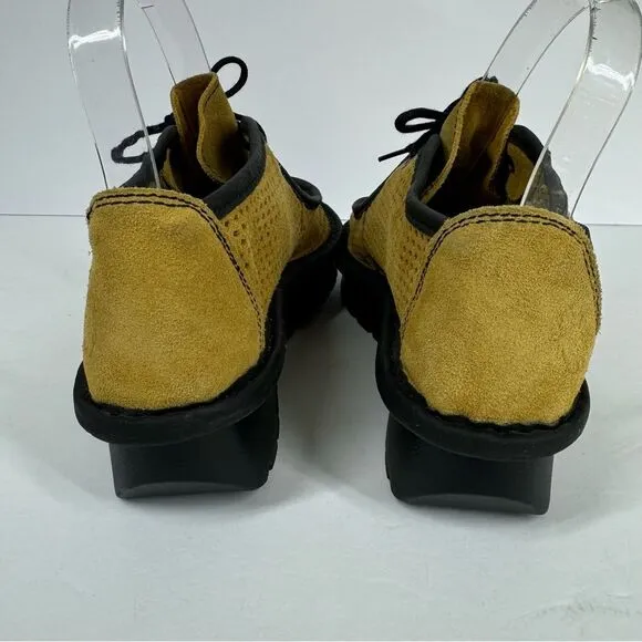 Fly London Golden Yellow Lace Up Perforated Shoes Wedge Platform Moccasin EU 37