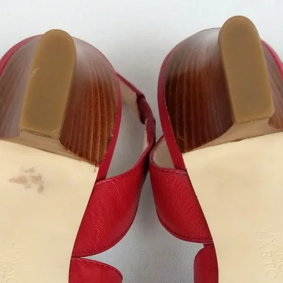 Franco Sarto Warwick Strappy Open Toe Leather Sandals 3&quot; Stacked Heel Red size 7
