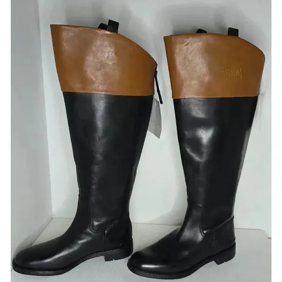 Franco Sarto Womens Meyer 2 Leather Wide Calf Knee-High Boots Black/Cognac Sz 6