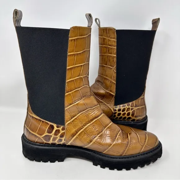 Freda Salvador Eli Mid Calf Boots Mocha Embossed Croc Size 9