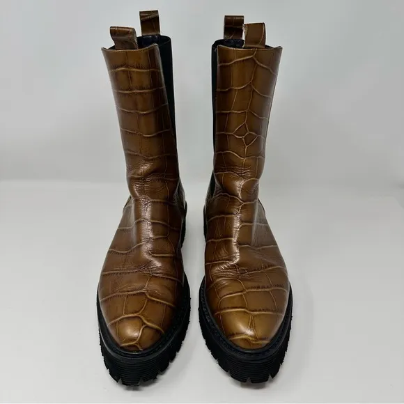 Freda Salvador Eli Mid Calf Boots Mocha Embossed Croc Size 9