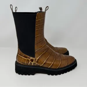 Freda Salvador Eli Mid Calf Boots Mocha Embossed Croc Size 9