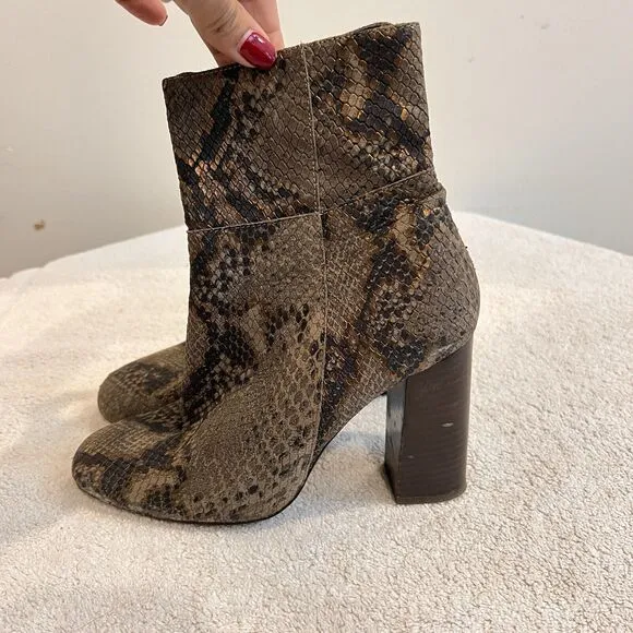 Free People Brown Leather Booties Snake Print Heels Women US 7.5 Eu 38 Boho Chic