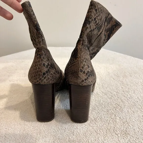 Free People Brown Leather Booties Snake Print Heels Women US 7.5 Eu 38 Boho Chic