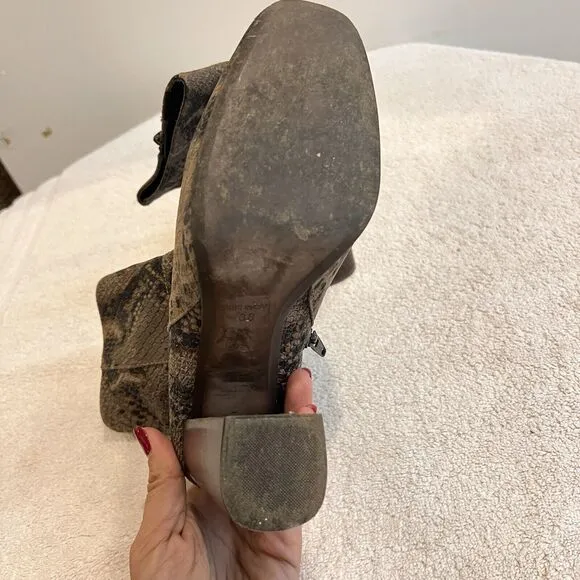 Free People Brown Leather Booties Snake Print Heels Women US 7.5 Eu 38 Boho Chic