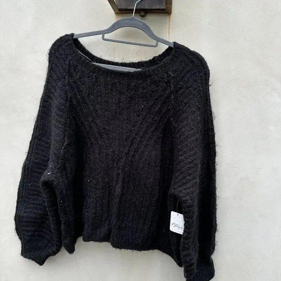 Free People Carter Pullover Knit Sweater Black Boatneck Raglan Long Sleeve Large