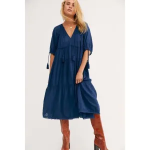 Free People Celestial Skies Embroidered Midi Dress Navy Blue Size Medium
