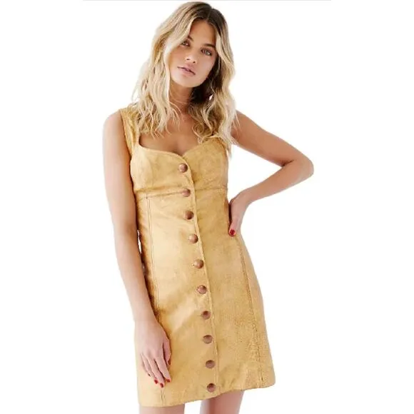 Free People Gold Leather Button-Up Dress Size 4 NWT