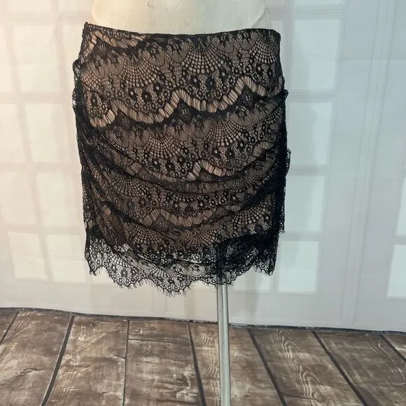 Free people NWT Zoey black lace nude lined ruched mini skirt size 12