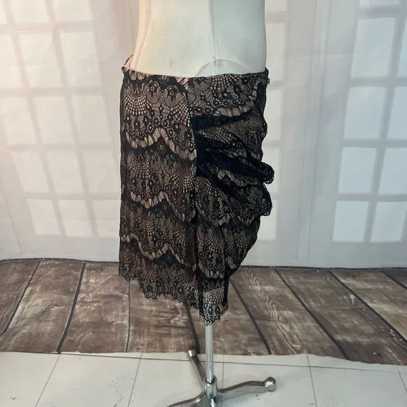 Free people NWT Zoey black lace nude lined ruched mini skirt size 12