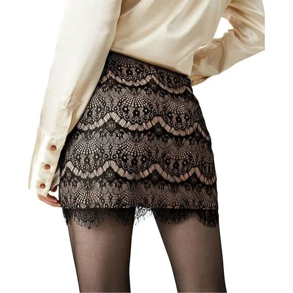 Free people NWT Zoey black lace nude lined ruched mini skirt size 12