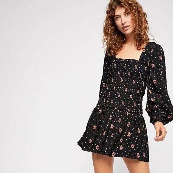 Free People Two Faces Black Smock Drop Waist Long Puff Sleeve Mini Dress Medium