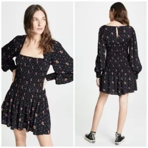 Free People Two Faces Black Smock Drop Waist Long Puff Sleeve Mini Dress Medium