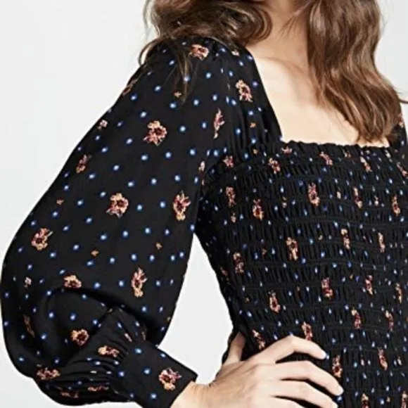 Free People Two Faces Black Smock Drop Waist Long Puff Sleeve Mini Dress Medium