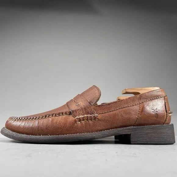 Frye Men’s Size 8 D Slip On Brown Pebbled Leather Penny Loafers Dress Shoes EUC